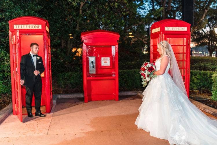 bride and groom, couple, first look, uk courtyard, uk wedding, uk pavilion, EPCOT, uk, holiday, holiday wedding