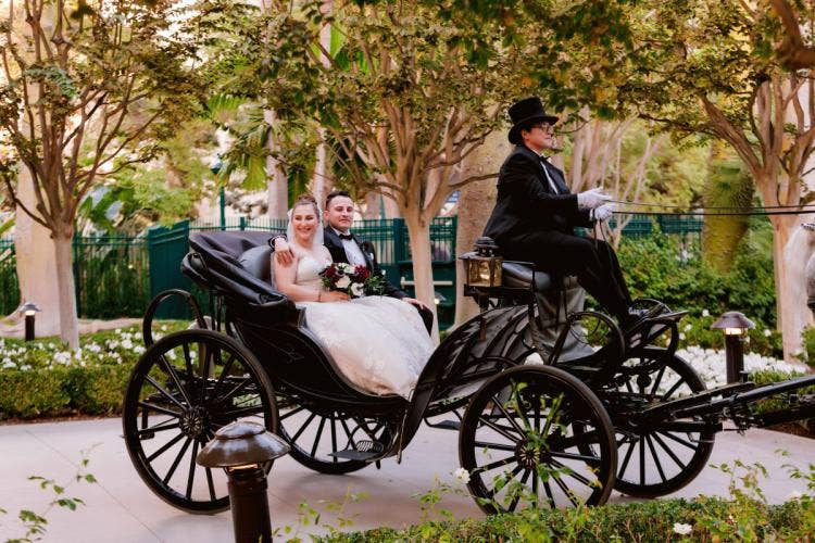 bride and groom, couple, staged exit, exit, carriage, vis a vis carriage, black carriage, halloween, halloween theme, transportation