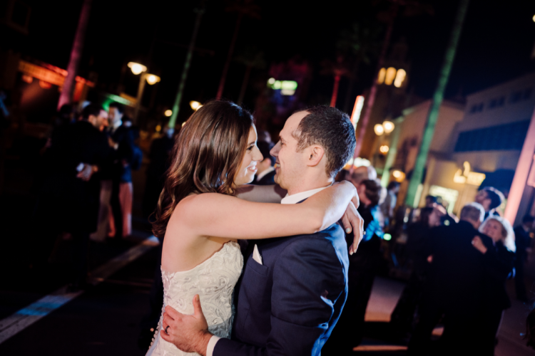 bride and groom, couple, dancing, reception, wedding reception, couple dancing, reception dance, hollywood studios, studios, hollywood, sunset boulevard