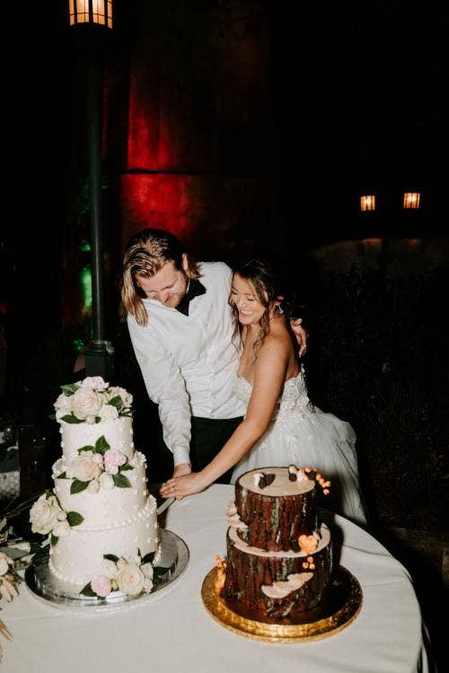 bride and groom, couple, wedding reception, reception, wedding cake, grooms cake, cake, cutting cake, Disney's animal kingdom, animal kingdom