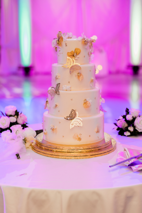 wedding cake, cake, gold, gold decor, butterflies, cinderella-inspired