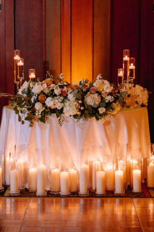 wedding reception, reception, reception decor, decor, reception floral, floral, sweetheart table, sweetheart table decor, sweetheart table floral, floating candles, uplighting, custom uplighting, grand californian ballrooms