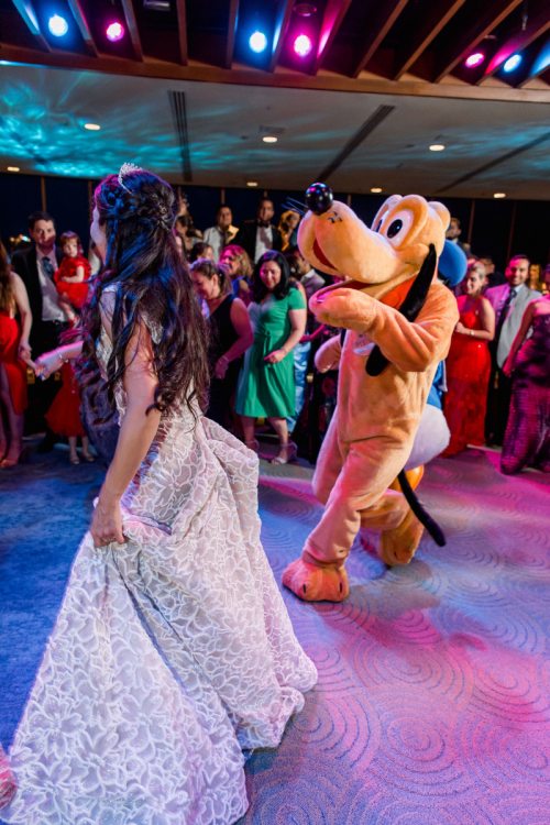 bride and groom, couple, wedding reception, reception, dancing, characters, disney characters, donald duck, pluto, living seas, living seas salon, epcot