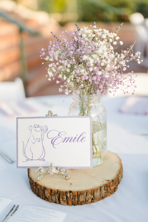 wedding reception, reception, table decor, centerpiece, table centerpiece, floral, lavender, Remy, ratatouille theme