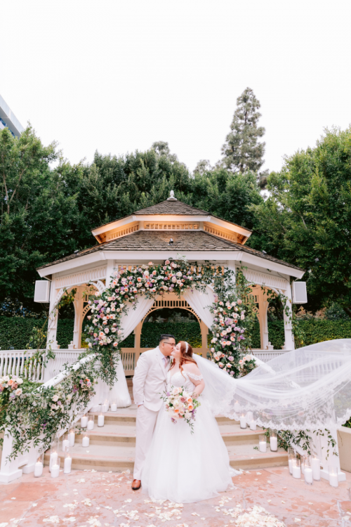 couple, portrait, wedding ceremony, altar area, Disneyland Hotel, Disneyland, rose court garden