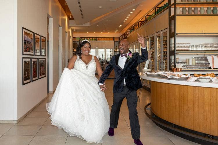 bride and groom, couple, entrance, wedding reception, reception, contemporary, contemporary resort, california grill, breakfast reception