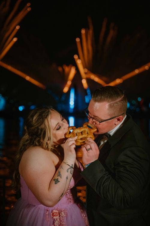 Disney Wedding, Bride and Groom, Wedding Food, Mickey Pretzel, Epcot Wedding, Fireworks