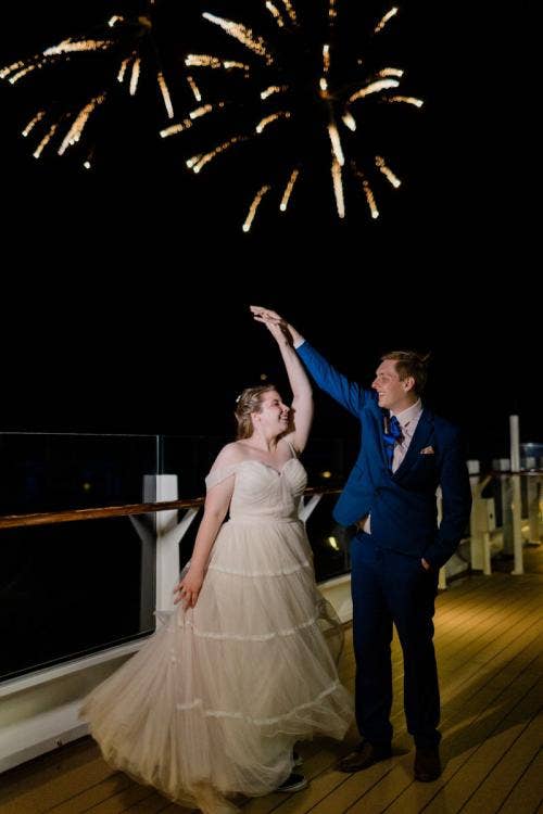 bride and groom, couple, portrait, fireworks, Disney cruise line, cruise line, cruise