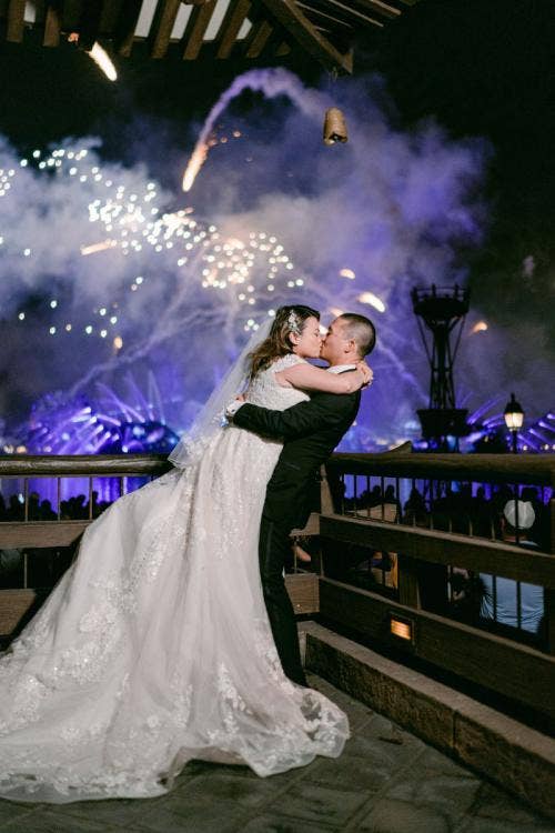 bride and groom, couple, portrait, fireworks, dessert party, fireworks dessert party, Epcot, Japan, Japan pavilion