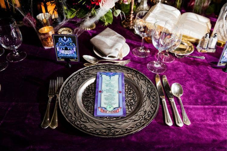 wedding reception, reception, reception decor, custom table setting, table setting, antique table setting, moody aesthetic, halloween, halloween theme, halloween decor