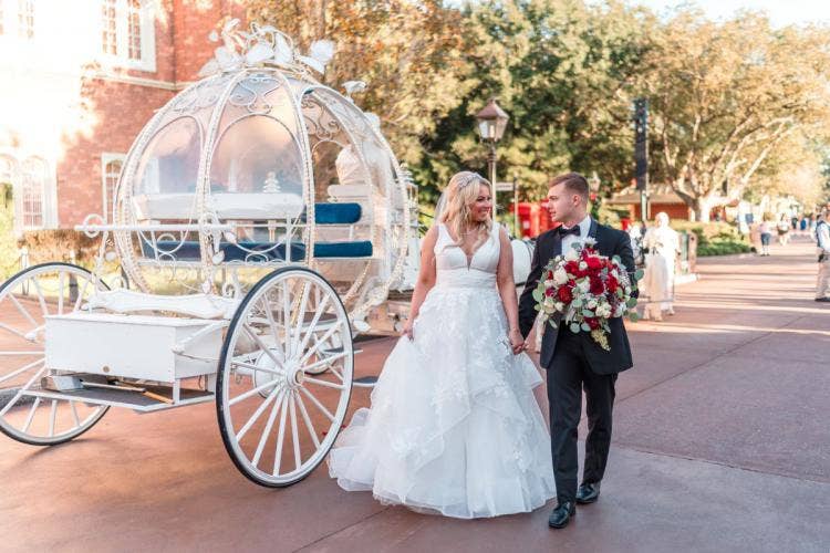 bride and groom, couple, portrait, couple portrait, cinderella coach, coach, Epcot, uk, uk pavilion