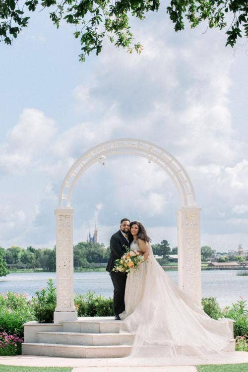 bride and groom, couple, portrait, couple portrait, cinderella's castle, picture point, grand floridian, diversity