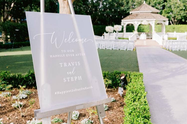 Rose Court Garden, Disneyland Wedding, Disney Wedding, Wedding Ceremony, Ceremony Decor, White and Blush Floral, Wedding Gazebo, wedding sign