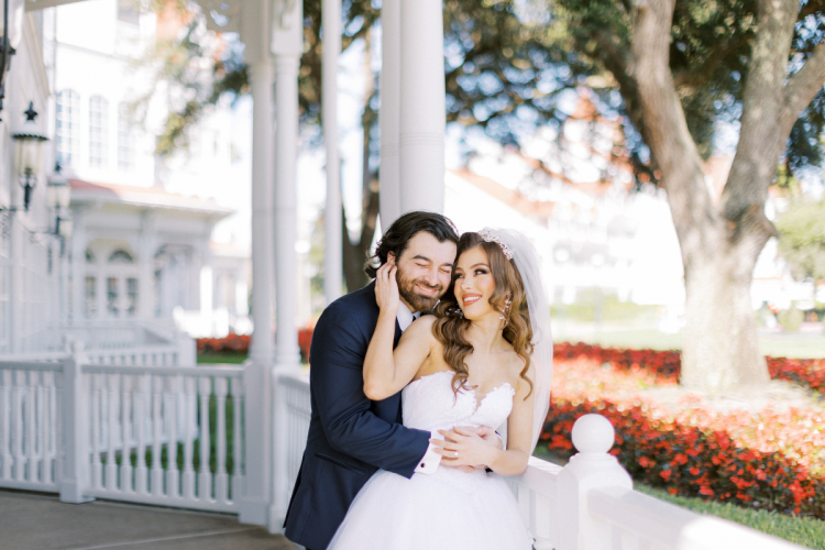 bride and groom, couple, wedding portraits, couple portraits, wedding photos, grand Floridian resort, grand Floridian wedding, Disney Wedding