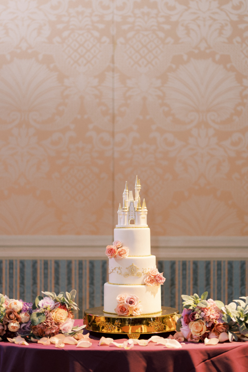 wedding reception, wedding cake, wedding reception food, classic fairy tale wedding, castle cake topper, white wedding cake