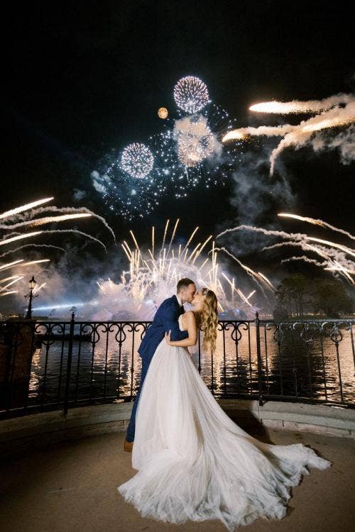 bride and groom, couple, portrait, dessert party, fireworks, fireworks dessert party, Epcot, Epcot fireworks