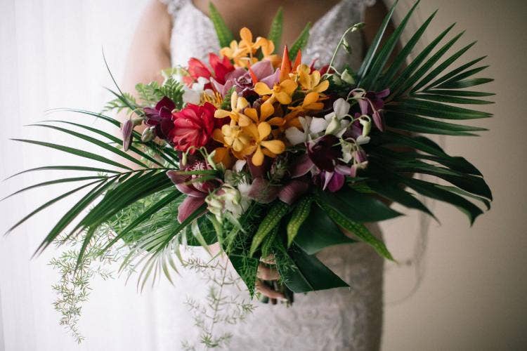 personal floral, floral, bridal bouquet, bouquet, palm fronds, tropical, tropical floral, colorful floral, aulani