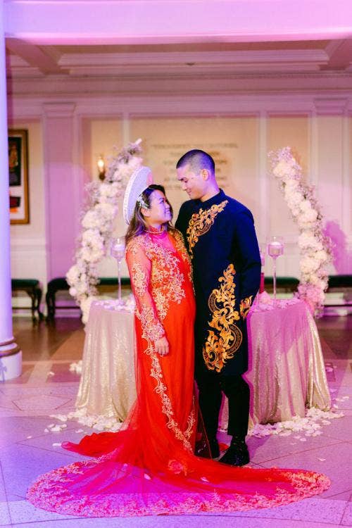 bride and groom, couple, traditional dress, cultural dress, culture, wedding reception, reception, aa rotunda, American adventure rotunda, Epcot, America pavilion