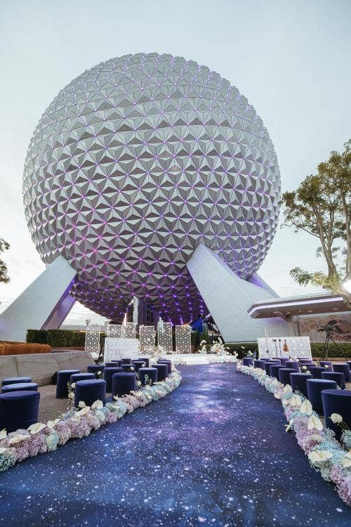 GMA wedding, GMA, wedding ceremony, ceremony, venue shot, decorated venue shot, decorate wedding ceremony, EPCOT, spaceship earth, spaceship earth ceremony, space theme, space, outer space