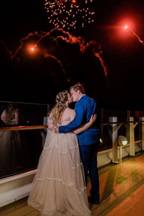 bride and groom, couple, portrait, fireworks, Disney cruise line, cruise line, cruise