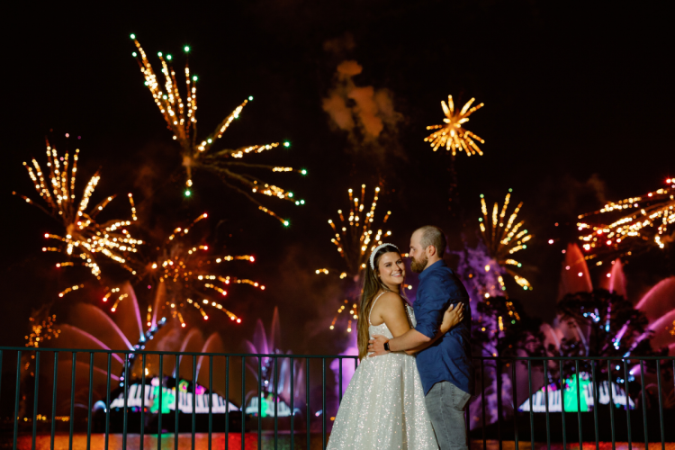 bride and groom, couple, portrait, couple portrait, epcot, fireworks, fireworks dessert party