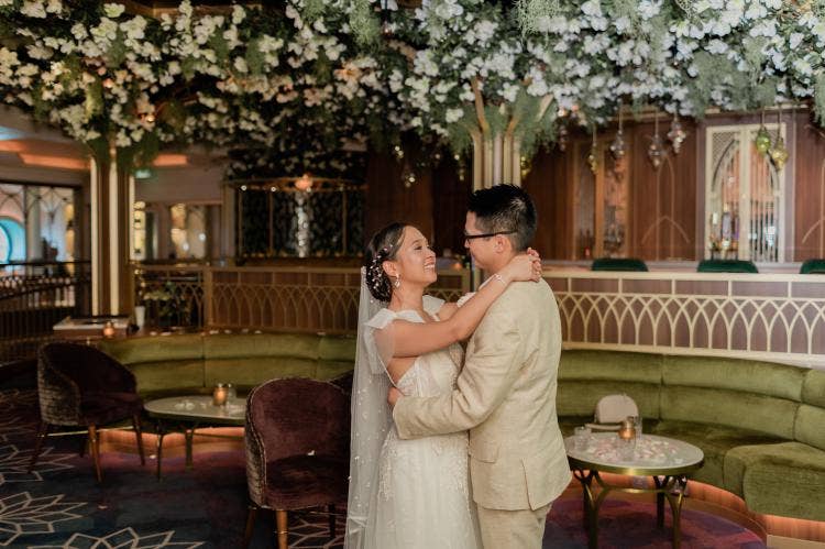 couple, first dance, dance, wedding reception, reception, the bayou, bayou, Disney Cruise Line, Disney Wish, cruise wedding