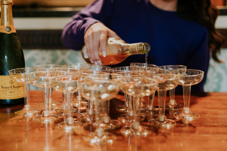 bridal party, getting ready, champagne, champagne toast