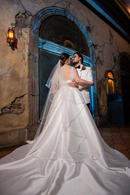 bride and groom, couple, portrait, couple portrait, nighttime, hollywood studios, tower of terror