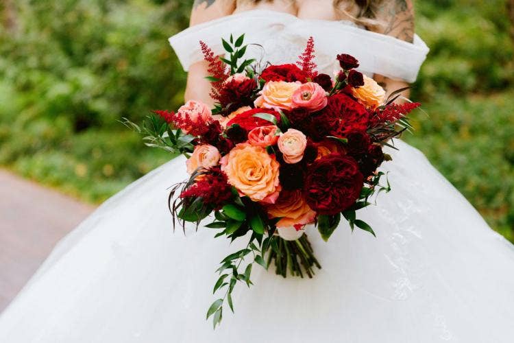 bridal bouquet, bride, floral, fall floral, bouquet, orange flowers, red flowers, fall, halloween, halloween theme