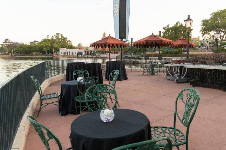 dessert party, decorated dessert party, fireworks dessert party, venue shot, decorated venue, decorated venue shot, table rounds, epcot, uk pavilion, uk lochside