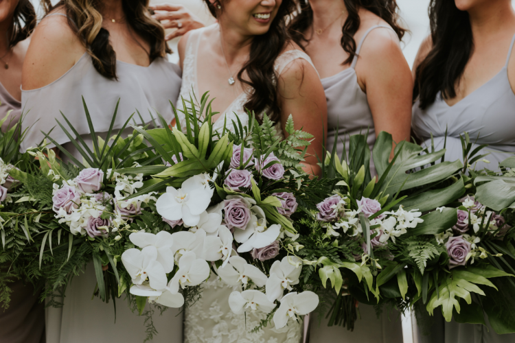 bridal party, bridesmaids, bride, floral, bouquets, bridal bouquet, bridesmaid bouquets, palm fronds, tropical floral, boho floral, tropical boho