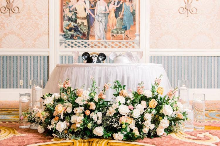 wedding reception, reception, reception floral, boho floral, sweetheart table, table floral, table decor, grand floridian, grand floridian ballrooms, mickey hats