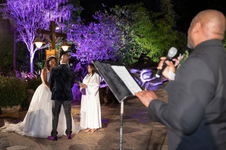 bride and groom, couple, candid, wedding ceremony, ceremony, animal kingdom, disney's animal kingdom, tree of life, custom up lighting, up lighting