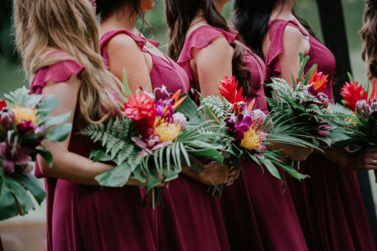 personal floral, floral, bridesmaid bouquets, bouquet, tropical floral, tropical, palm fronds, colorful floral
