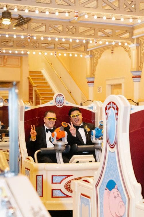 groom groom, lgbtq, lgbtq couple, couple, attraction, attraction mix-in, mix-in, toy story mania, toy story mania mix-in, disneyland, california adventure