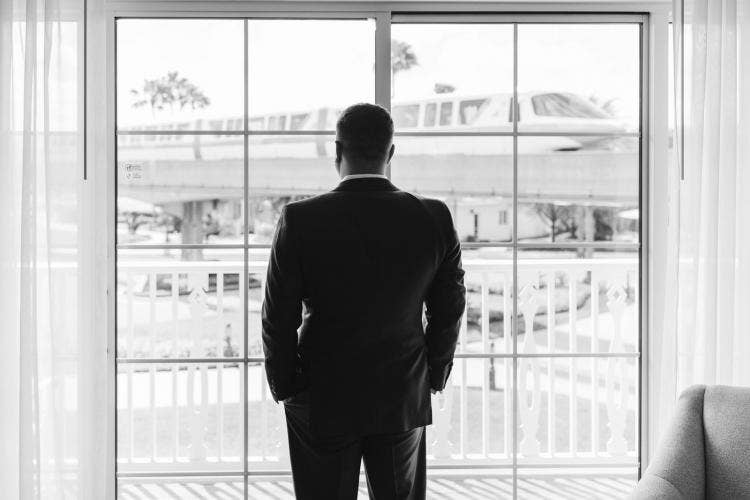 Disney Wedding, Groom Getting Ready, Monorail, Disney's Grand Floridan Resort