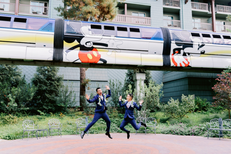 lgbtq, lgbtq couple, groom, groom groom, thai wedding, monorail, brisa courtyard, disneyland, wedding reception, reception venue