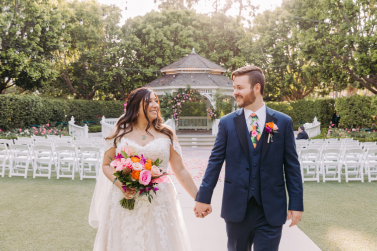 tropical decor, tropical, tropical flowers, tropical bouquet, couple, rose court garden, bride and groom, wedding ceremony