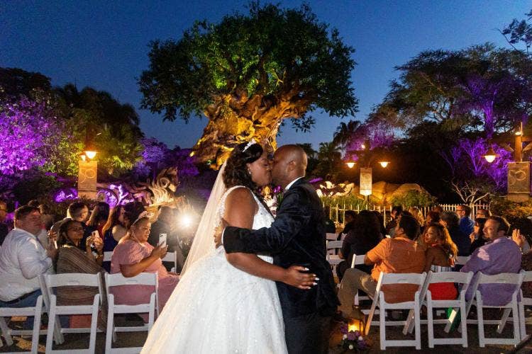 bride and groom, couple, staged exit, exit, kiss, couple kiss, wedding ceremony, ceremony, disney's animal kingdom, animal kingdom, tree of life, custom up lighting, up lighting