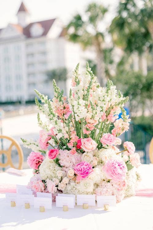 wedding reception, reception floral, floral centerpieces, spring floral, pink floral, grand floridian, summerhouse patio
