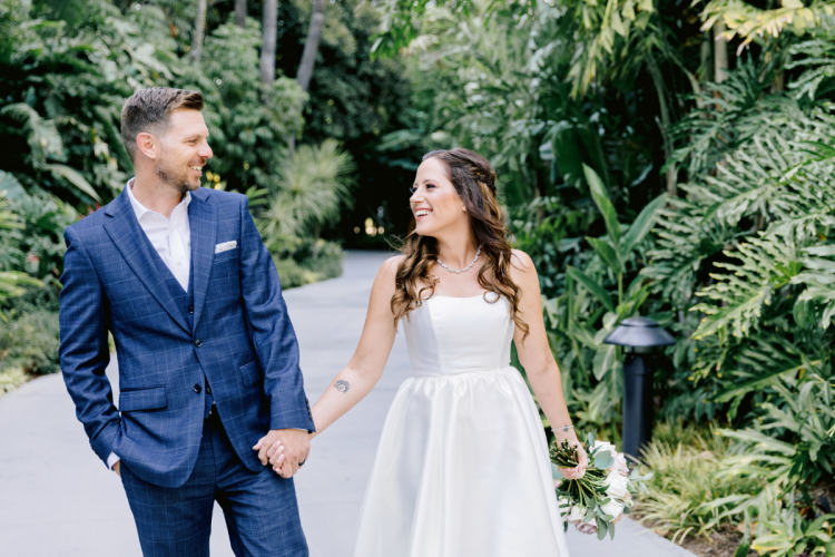 bride and groom, couple, portrait, adventure lawn, adventure lawn gazebo, disneyland, disneyland hotel, vow renewal
