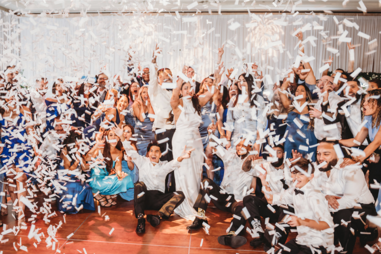 disney wedding, disney wedding reception, confetti burst, dance floor, group wedding photos
