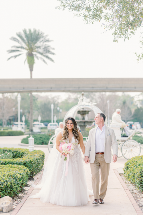 bride and father, father daughter, ceremony entrance, cinderella's coach, coach, Disney's wedding pavilion