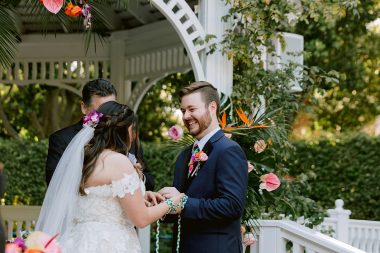 wedding ceremony, couple, bride and groom, wedding decor, wedding ceremony decor, tropical wedding, tropical decor, tropical, tropical flowers, wedding gazebo