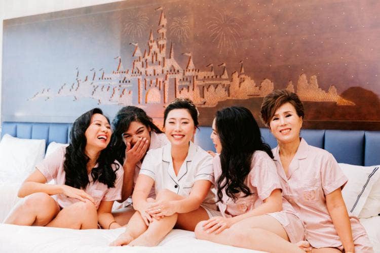 bridal party, bride, bridesmaids, getting ready, wedding day, Disneyland, Disneyland Resort