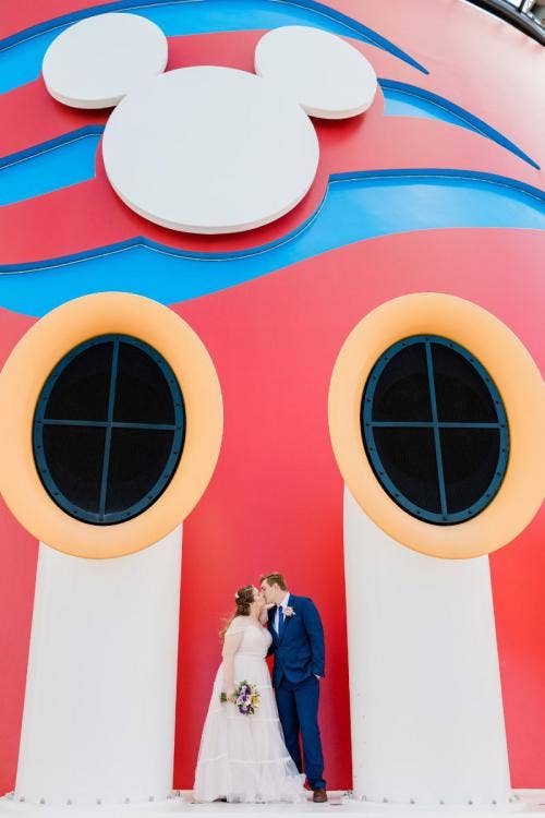 bride and groom, couple, portrait, Disney cruise line, cruise line, cruise, stacks, cruise stacks