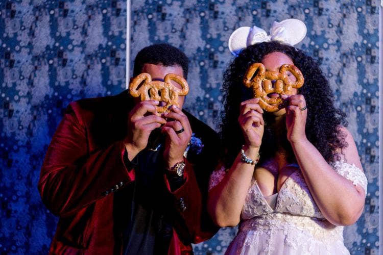 bride and groom, couple, reception, wedding reception, food, reception food, mickey, mickey pretzels, epcot, diversity