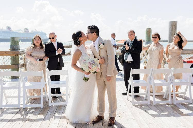 couple, exit, ceremony exit, wedding ceremony, ceremony, castaway cay, the wedding pointe, Disney Cruise Line, cruise wedding