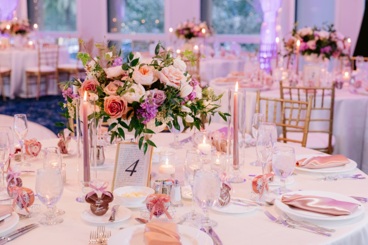 reception, wedding reception, table decor, floral centerpiece, reception floral, table floral, Disneyland Hotel, sleeping beauty pavilion