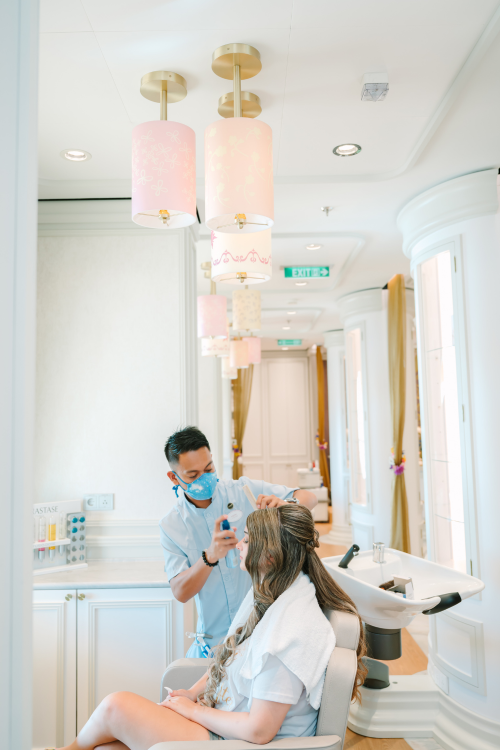 bride, getting ready, bridal portrait, salon, untangled salon, disney cruise line, cruise, cruise line, disney cruise, cruise wedding, disney wish